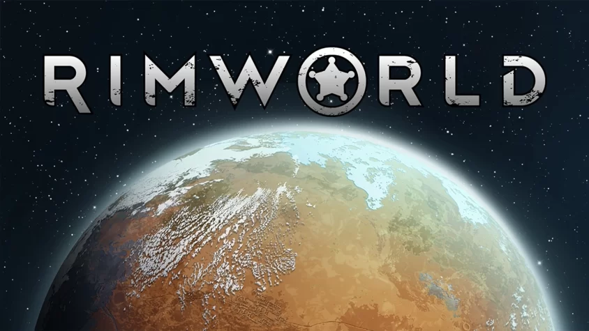 Обложка игры RimWorld, с планетой и логотипом на фоне космоса