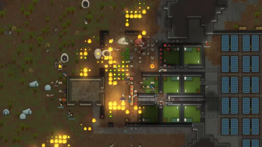Пожар в колонии RimWorld, с множеством разрушений и сражений