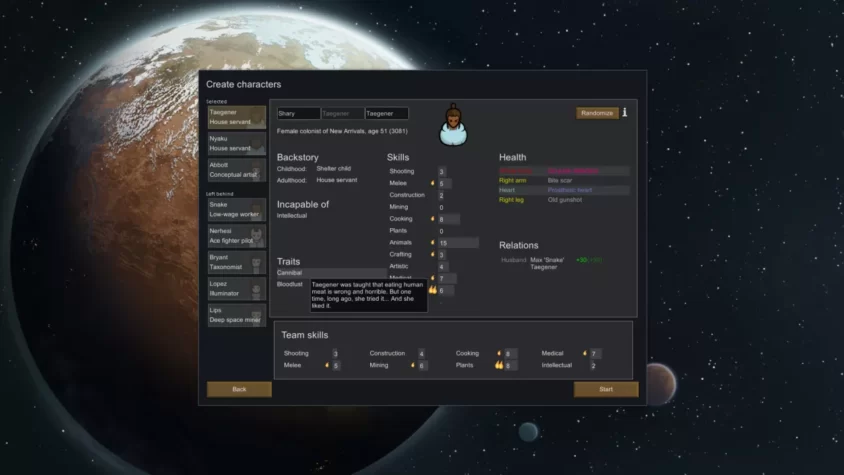 Создание персонажа в RimWorld с выбором навыков и черт