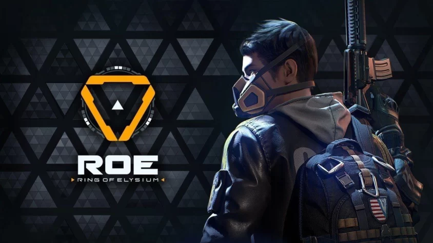 Ring of Elysium — обложка игры Обложка игры Ring of Elysium, изображение персонажа с оружием и рюкзаком на фоне абстрактного геометрического узора