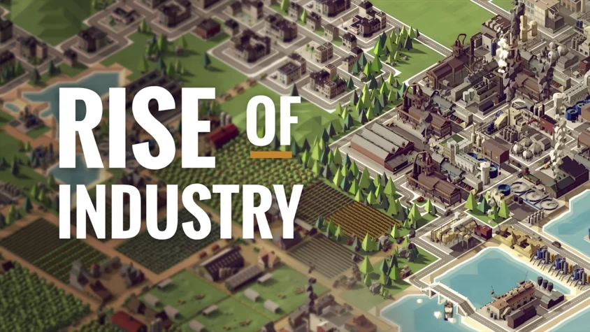 Обложка игры Rise of Industry, показывающая индустриальный ландшафт с фабриками и сельским хозяйством