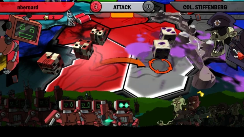 Геймплей игры RISK: Factions с роботами и зомби, сражающимися на игровом поле