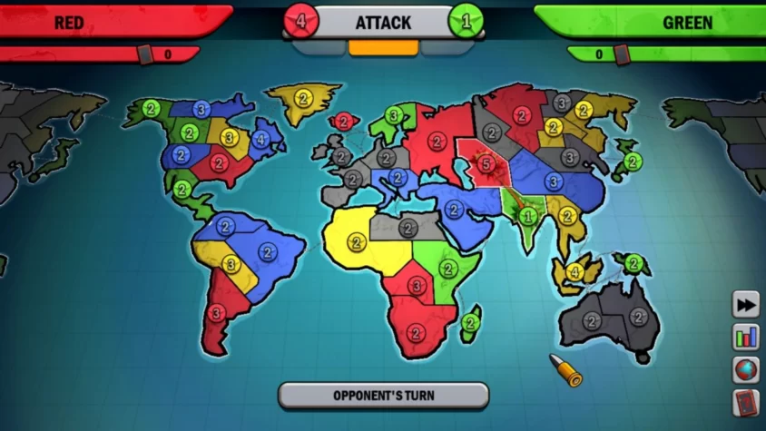 Геймплей игры RISK: Factions с картой мира и цветными регионами для завоевания