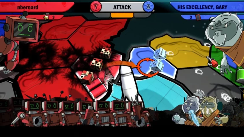 Геймплей игры RISK: Factions с атакой робота и противостоянием с эксцентричными персонажами