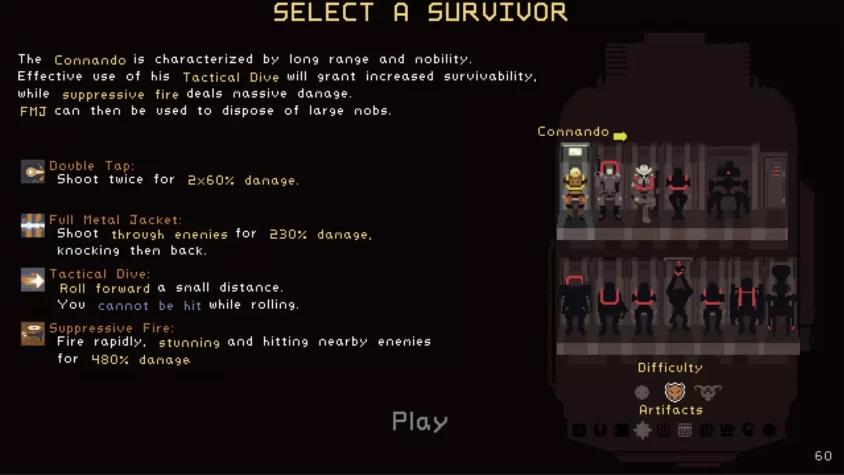 Экран выбора выжившего в игре Risk of Rain с описанием умений Коммандо