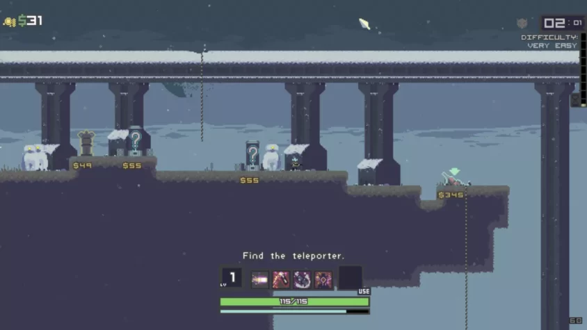 Игровой процесс в Risk of Rain с покупкой предметов и поиском телепортатора