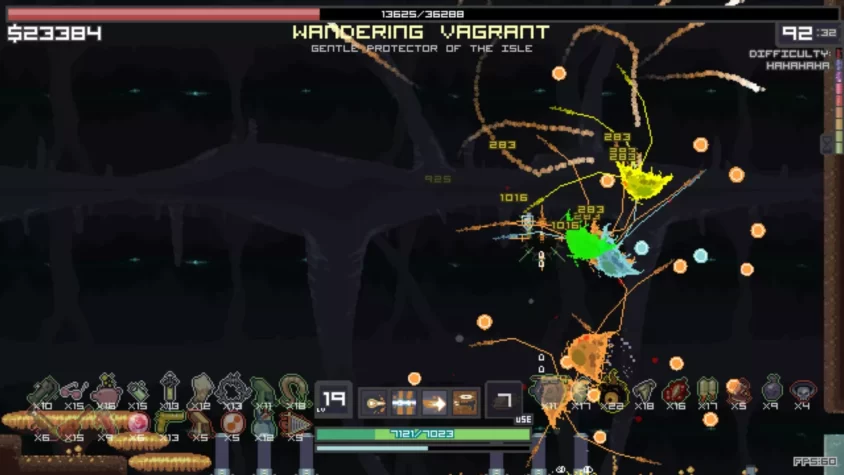 Интенсивный бой с боссом в игре Risk of Rain, с множеством взрывов и эффектов