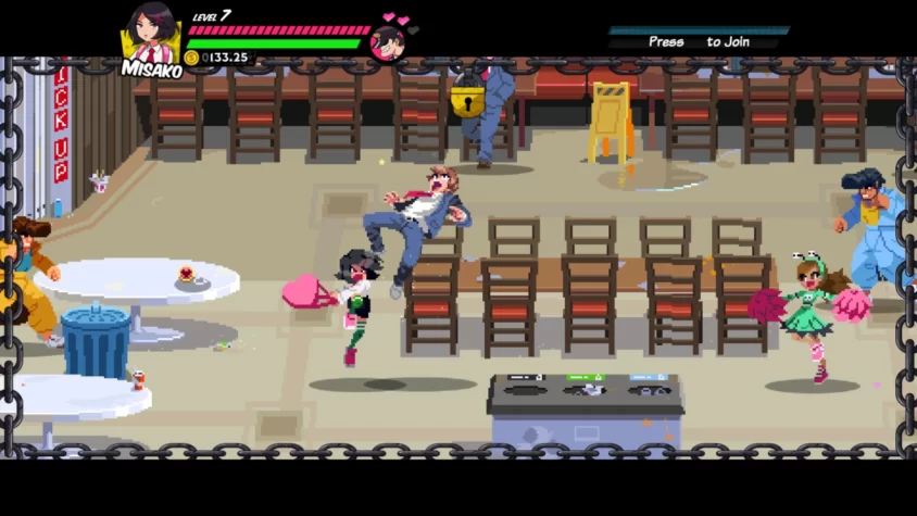 Персонажи Мисака и другие бойцы в игре River City Girls сражаются в кафе