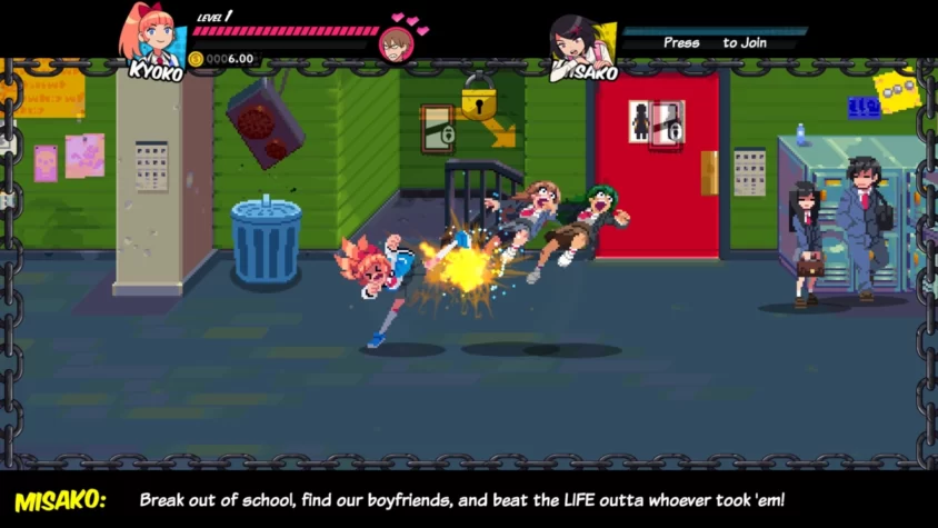 Персонаж Кёко в игре River City Girls сражается с врагами возле школы