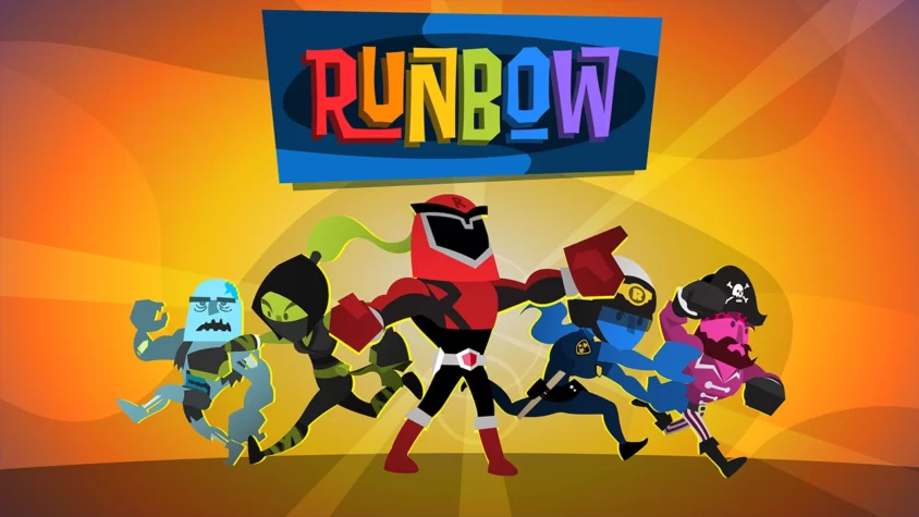 Обложка игры Runbow, с персонажами, бегущими к своей победе, каждый со своим уникальным стилем