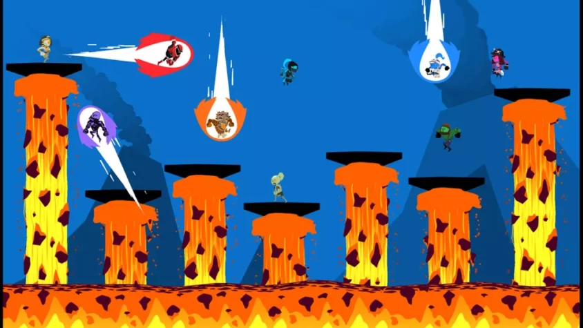 Персонажи игры Runbow прыгают по лавовым столбам, избегая лавы и пытаясь достичь цели