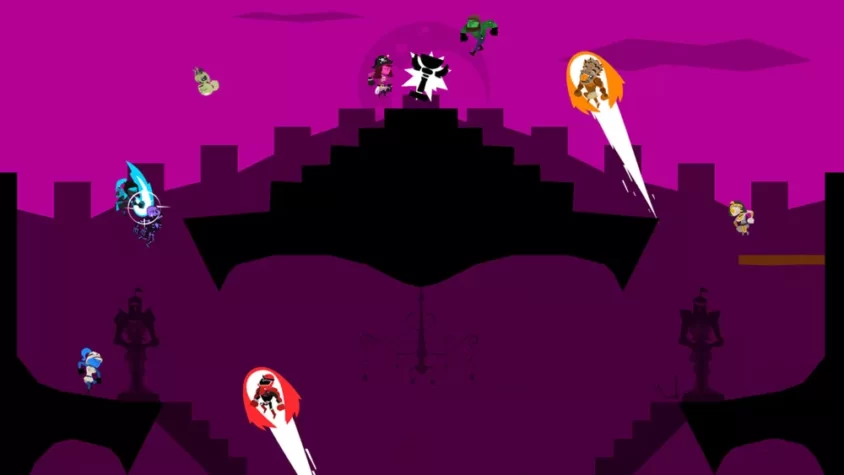 Персонажи игры Runbow в полете, преодолевая препятствия и стильные фоны