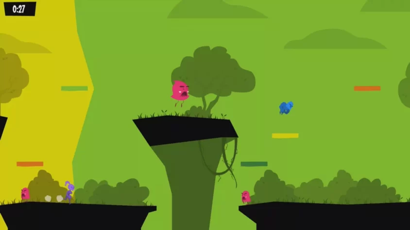 Персонажи Runbow в яркой зеленой локации, прыгающие по платформам с таймером на экране
