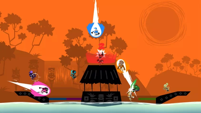 Персонажи Runbow на острове, с ярким оранжевым небом, стремятся к победе на катамаране