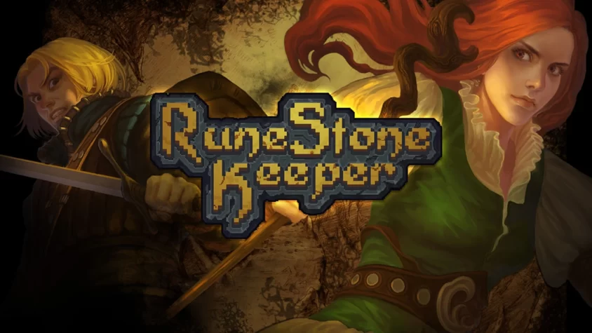 Runestone Keeper — обложка игры Обложка игры с персонажами на фоне старинных карт и загадочных символов