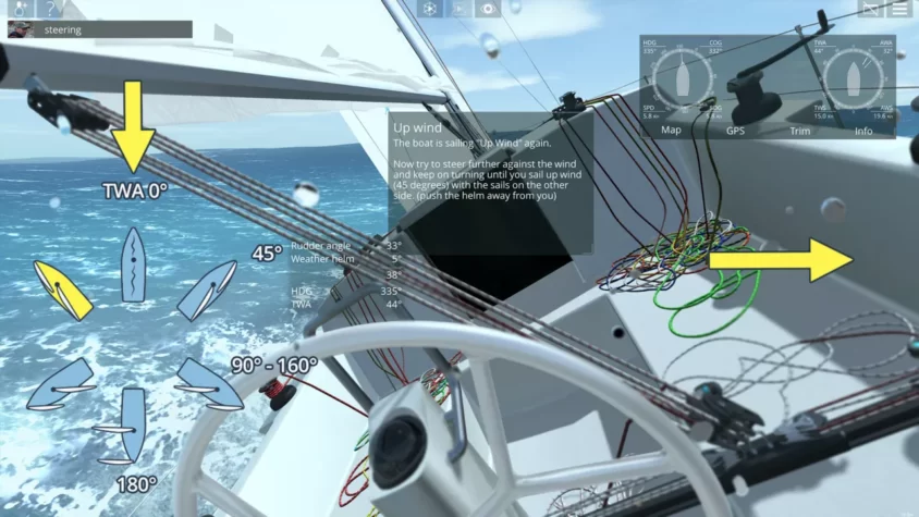 Кадр из Sailaway - The Sailing Simulator, где тебе объясняют, как не утонуть и не запутаться в канатах