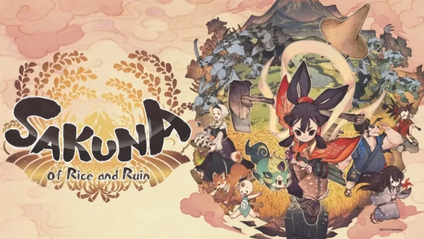 Обложка игры Sakuna: Of Rice and Ruin, с персонажами, работающими на поле, и яркими фэнтезийными элементами