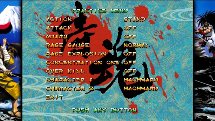 Меню практики в Samurai Shodown V Special с настройками для персонажей и режимов