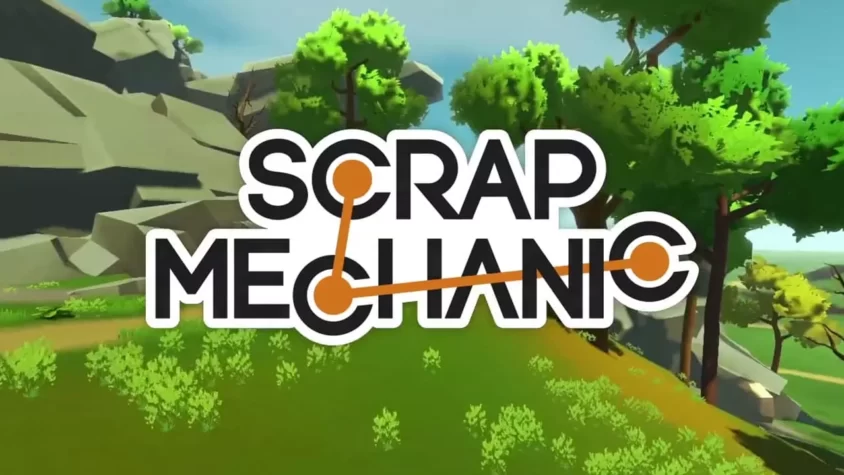 Scrap Mechanic – твоя игра, если тебе нравится разрушать и строить что попало Обложка игры Scrap Mechanic с яркими зелёными пейзажами и логотипом