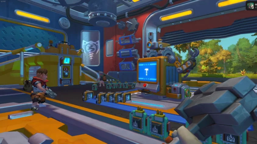 Процесс создания механизма в Scrap Mechanic с видом на рабочую станцию и персонажа