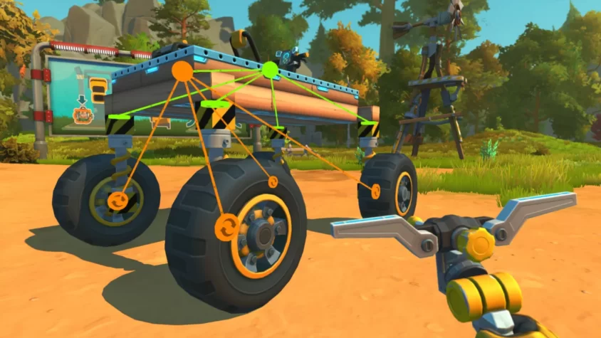 Процесс сборки автомобиля в Scrap Mechanic с подключёнными деталями и механическими соединениями