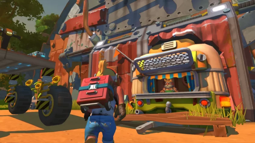 Персонаж в Scrap Mechanic направляется к странной яркой палатке с роботом-продавцом