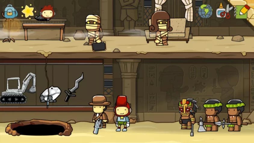 Персонажи игры Scribblenauts Unlimited в египетских декорациях, готовые к приключениям