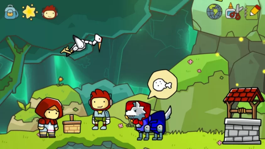 Персонажи Scribblenauts Unlimited на фоне фантастического мира с роботами и животными