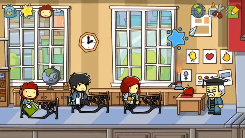 Персонажи Scribblenauts Unlimited в школьной обстановке с учёным и студентами