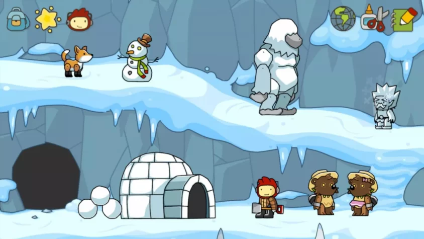Персонажи Scribblenauts Unlimited на заснеженной локации с медведями и йети
