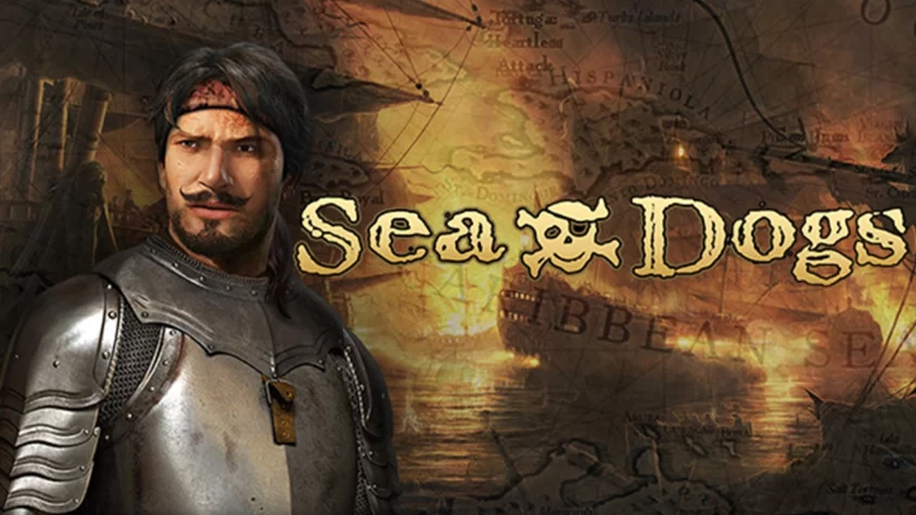 Обложка игры Sea Dogs Обложка игры Sea Dogs с изображением главного героя и корабля на фоне карты