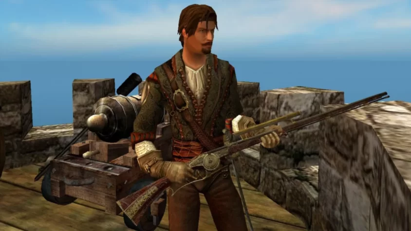 Персонаж с ружьем на фоне канона в игре Sea Dogs