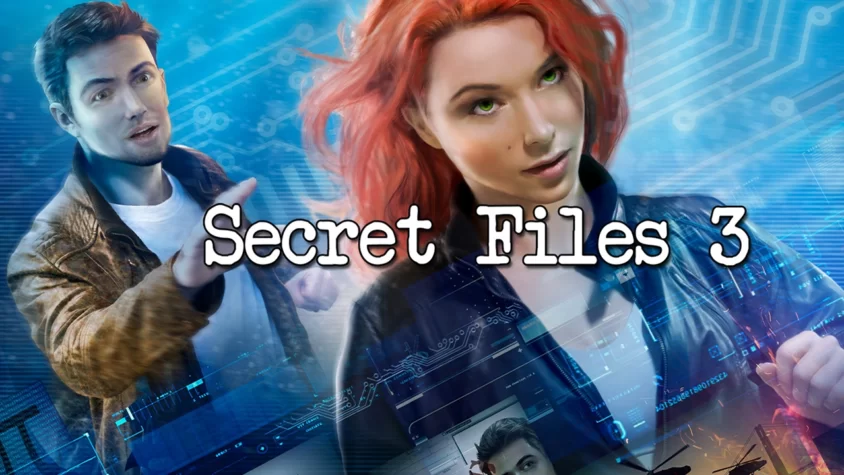 Обложка игры Secret Files 3, изображение двух героев на фоне цифровых элементов и технологий