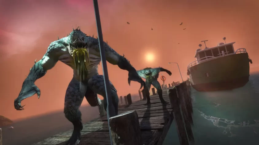 Монстры на пирсе в игре Secret World Legends, солнечный закат и корабль на фоне