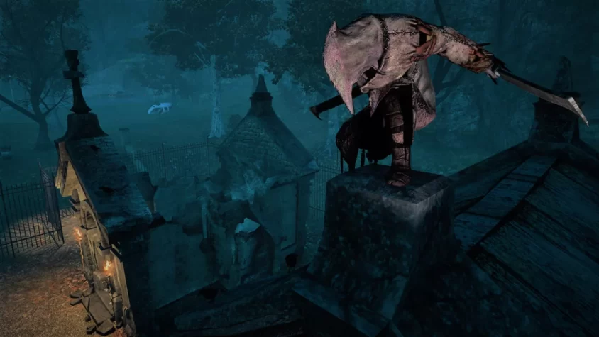Персонаж на кладбище в игре Secret World Legends, с оружием на фоне мрачной атмосферы