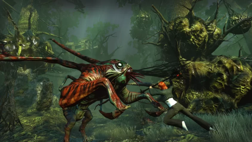 Персонаж сражается с чудовищем в лесу в игре Secret World Legends, яркие цвета и дикая природа
