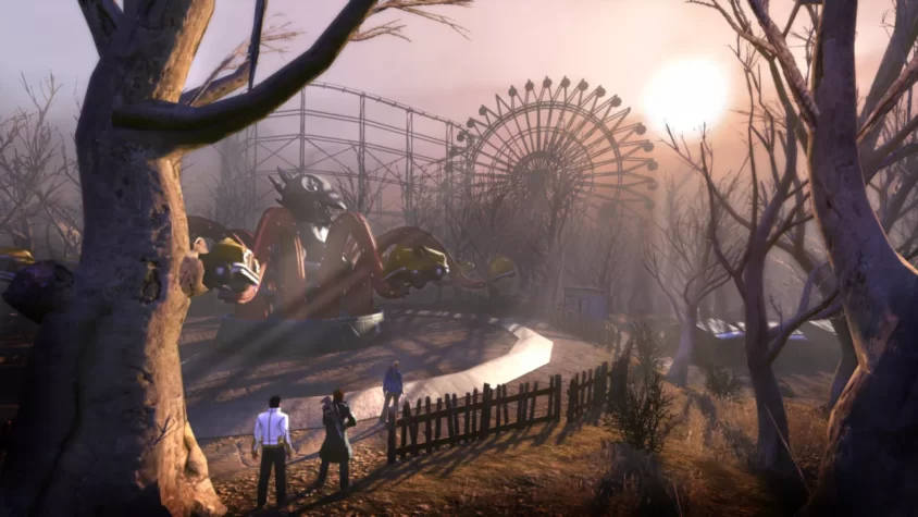 Покинутый парк аттракционов в игре Secret World Legends, мрачная атмосфера с колесом обозрения
