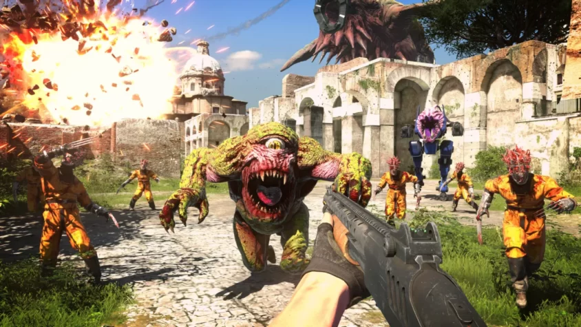 Игровой момент Serious Sam 4, где герой сражается с ордами монстров