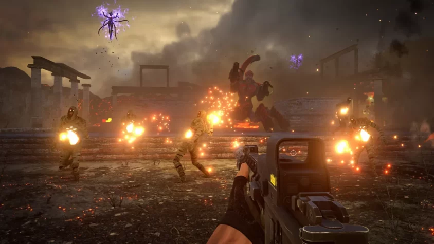 Герой игры Serious Sam 4 сражается с монстрами в разрушенном городе, используя огнестрельное оружие