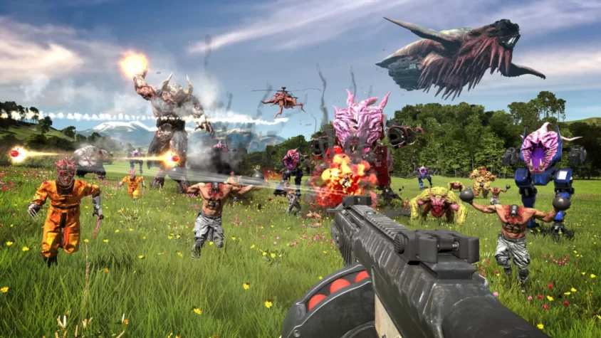 Герой игры Serious Sam 4 в центре боя с ордами монстров и гигантскими механическими врагами на фоне цветущих полей