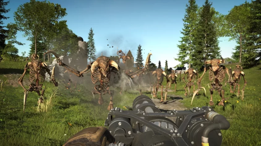 Герой игры Serious Sam 4 в бою с ордой скелетов, вооруженных различным оружием