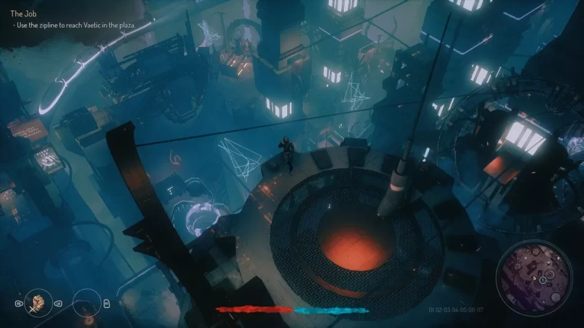 Игровой процесс в Seven: The Days Long Gone. Персонаж использует канатный путь, а внизу — футуристический город.