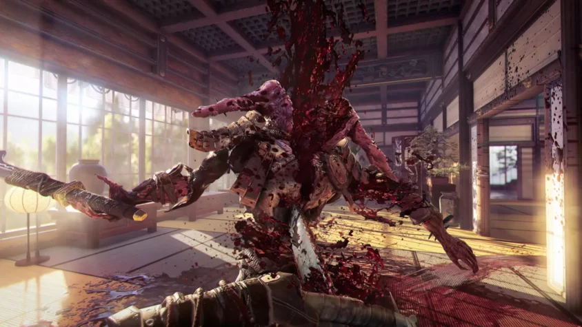 Сцена из Shadow Warrior 2 с кровавой битвой