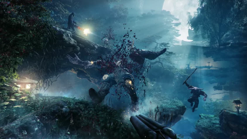 Герой Shadow Warrior 2 сражается в темном лесу