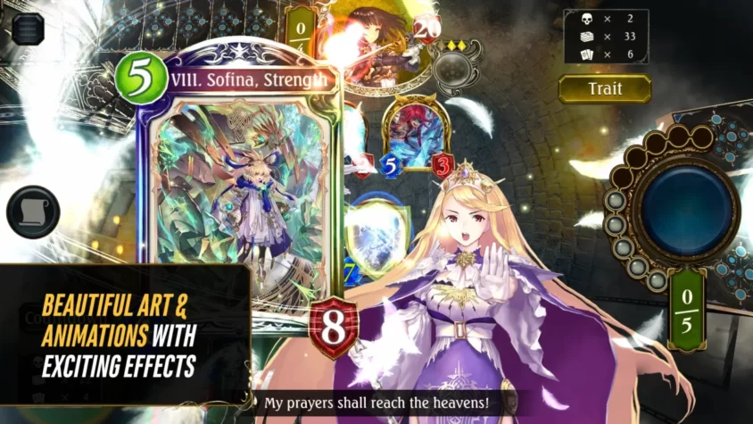 Геймплей игры Shadowverse с картой Софина, усиленная магия, и персонажем, произносящим молитву