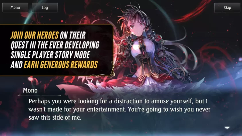 Геймплей игры Shadowverse с персонажем Mono, предлагающим присоединиться к квесту и заработать щедрые награды