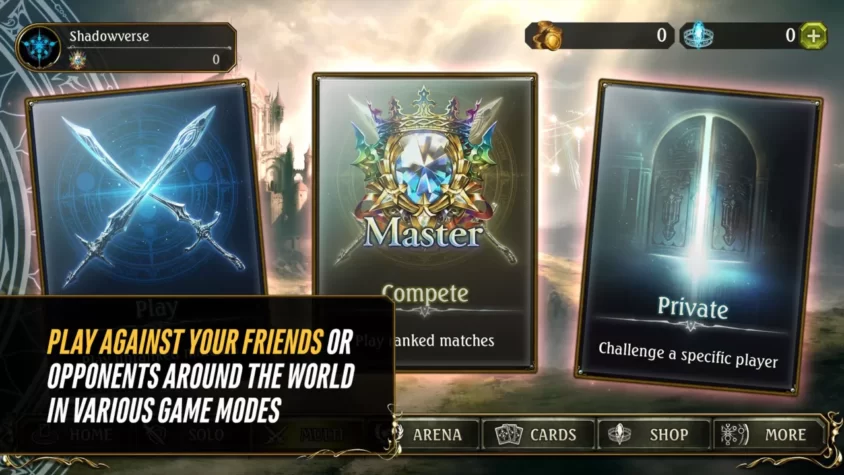 Геймплей игры Shadowverse с выбором режима игры: играть с друзьями или сражаться с противниками со всего мира