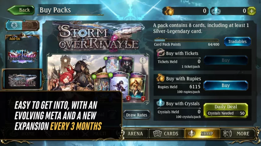 Геймплей игры Shadowverse с выбором пакетов карт и возможностью покупки за различные ресурсы