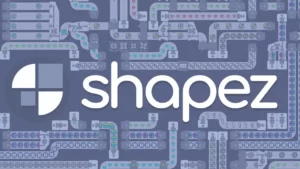 Обложка игры shapez с сеткой путей и механизма переработки форм