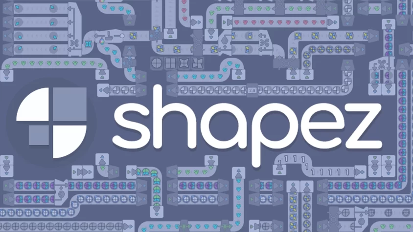 Обложка игры shapez с сеткой путей и механизма переработки форм